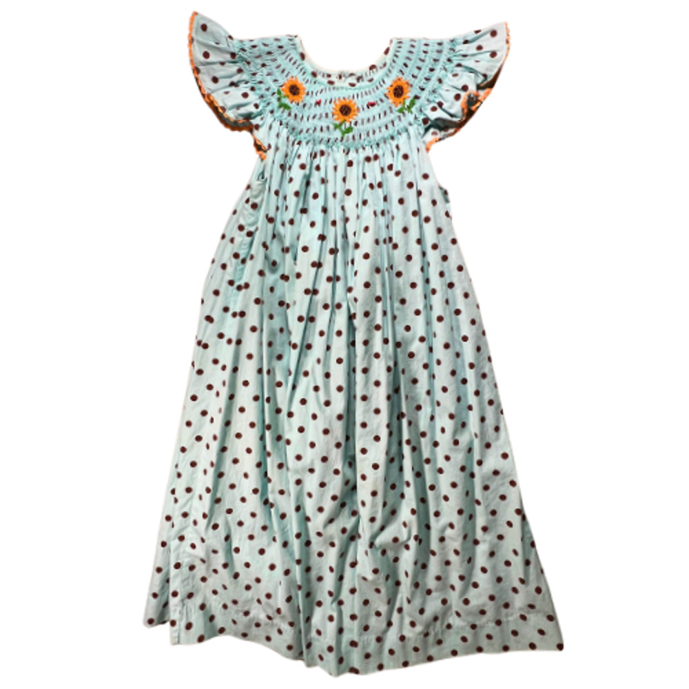 Mom & Me Girls 6X Aqua Brown Polka Dot Smocked Dress